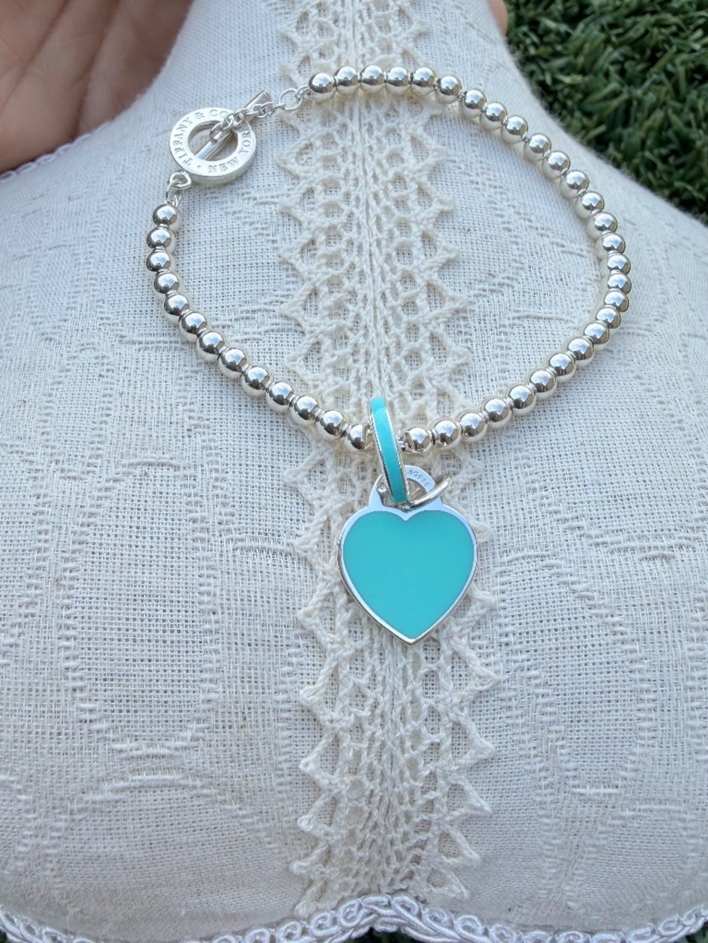 Tiffany & Co.  NEW Beaded Bracelet with Small Blue Enamel Heart and Clasp